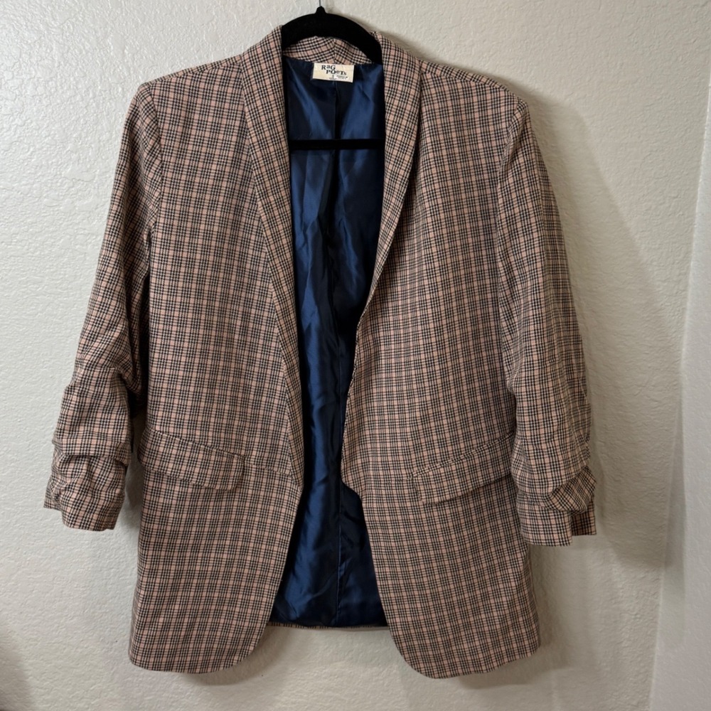 Rag Poets Womens Plaid Open Front Blazer Tan Black Pink Ruched Sleeve Preppy S